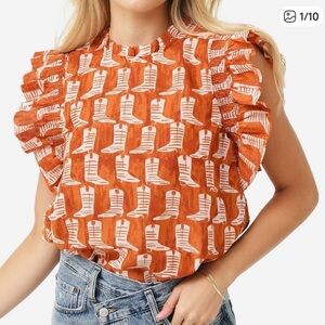 J. Marie Dixie ruffle sleeve top orange cowboy boot print Sz XS